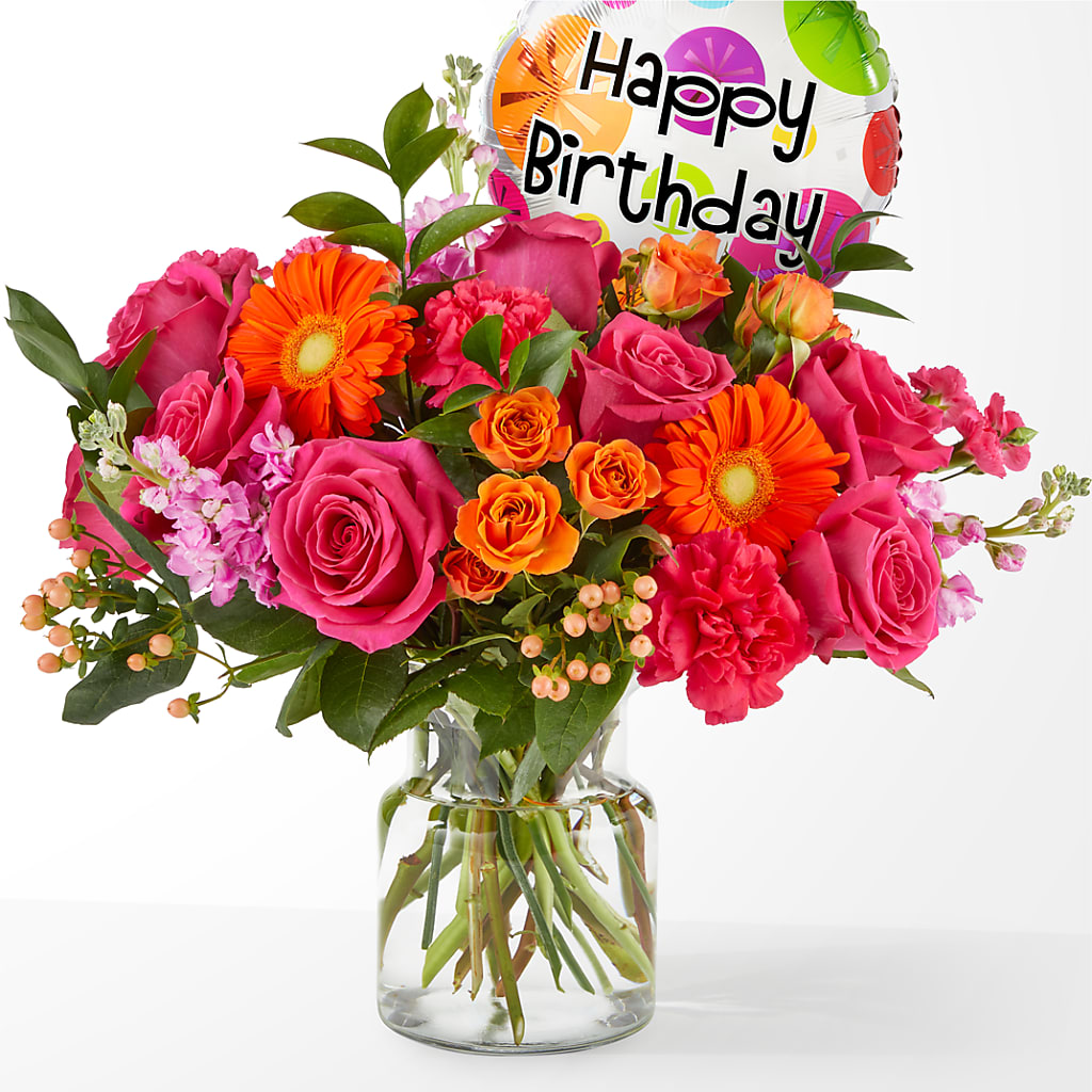 Fiesta Bouquet with Birthday Balloon – Luxesse Roses, Herriman UT