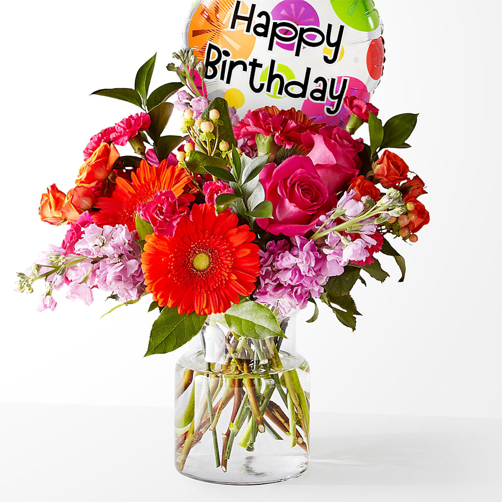 Fiesta Bouquet with Birthday Balloon – Luxesse Roses, Herriman UT