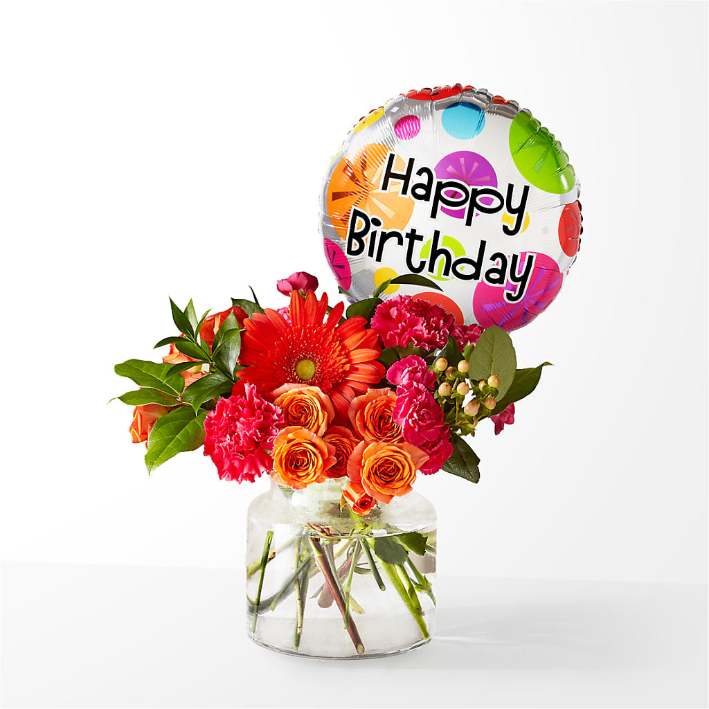 Fiesta Bouquet with Birthday Balloon – Luxesse Roses, Herriman UT