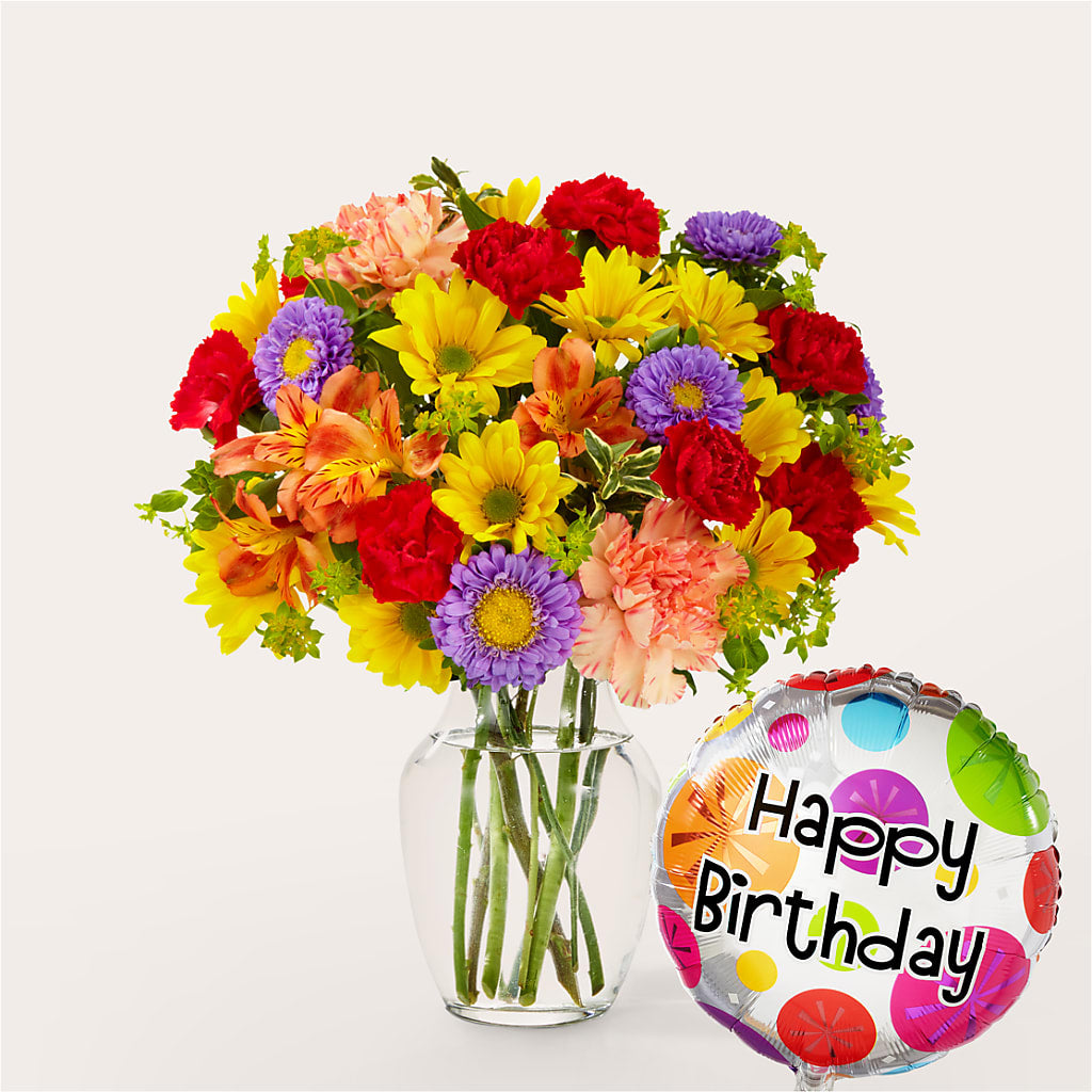 Kaleidoscope Bouquet with Birthday Balloon – Luxesse Roses, Herriman UT