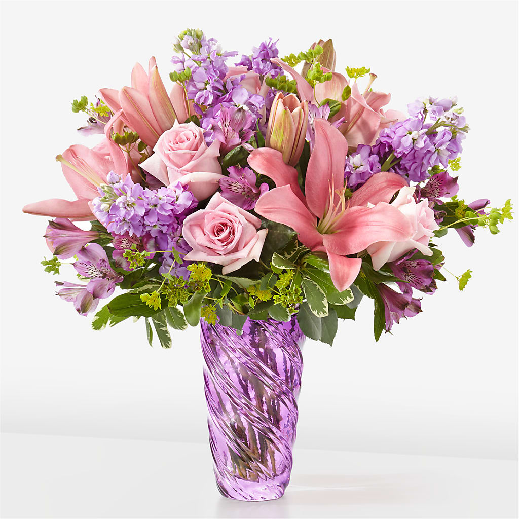 Precious Petals Bouquet with Luxe Swirl Vase – Luxesse Roses, Herriman UT